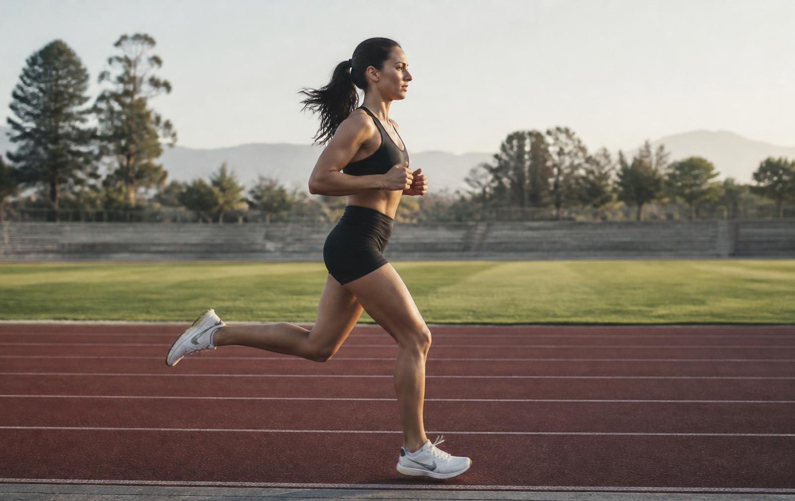 A woman running on a track at first light
